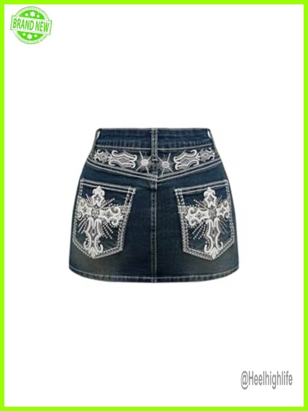 Punk Goth Cross Embroidered Denim Mini Skirt Stretchy Low Rise Bodycon